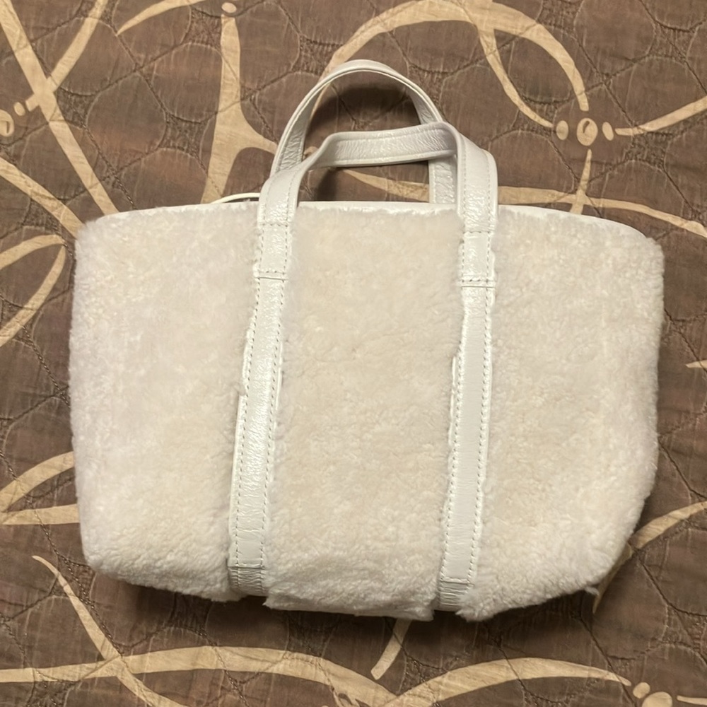 Brand new, never used Balenciaga Barbes E - W small shearling tote in white